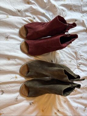 Toms Peep-Toe Perforated Ankle Heels in Burgundy and Olive